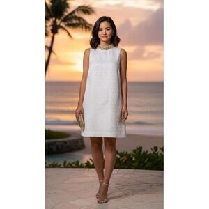 Lilly Pulitzer Kendra White Metallic Shift Dress 0 • Gold Sequin Halter Collar